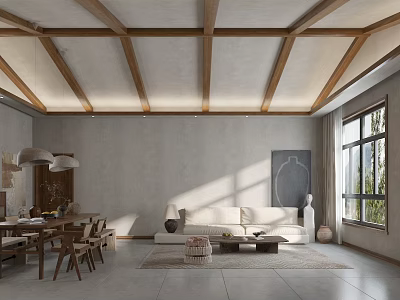 Living Dining Room with Wooden Beam Ceiling Gray Walls Large Windows Sunlight Sofa and Dining Table 3d model