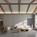 Living Dining Room with Wooden Beam Ceiling Gray Walls Large Windows Sunlight Sofa and Dining Table