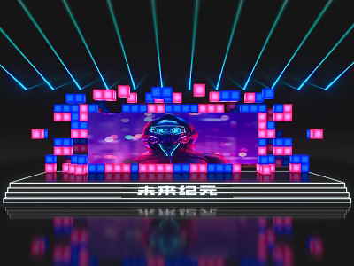 Futuristic Stage Design With Neon Lights LED Blocks And Cyber Helmet Figure 3d model