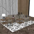 Sofa and Coffee Table Set with Woodland Pattern Wall Geometric Rug on Herringbone Floor 3d model