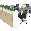 Modern Office Workstations With Computer Monitors Keyboards Ergonomic Chairs And Green Plants 3d model
