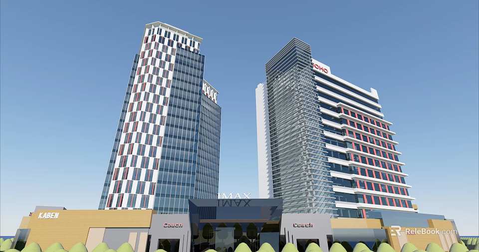 Twin Modern Office Buildings With Glass Facade Red Accents And Signage 3d model 