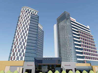 Twin Modern Office Buildings With Glass Facade Red Accents And Signage 3d model