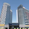 Twin Modern Office Buildings With Glass Facade Red Accents And Signage