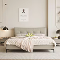 Modern Bedroom Interior With Light Gray Headboard Bedside Tables Lamps Wall Art And Ladder Shelf