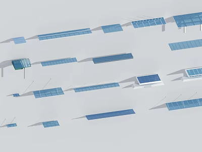 Blue Elongated Building Components Various Lengths Glass Metal Architectural Sunshades Decorative Strips on White Background 3d model
