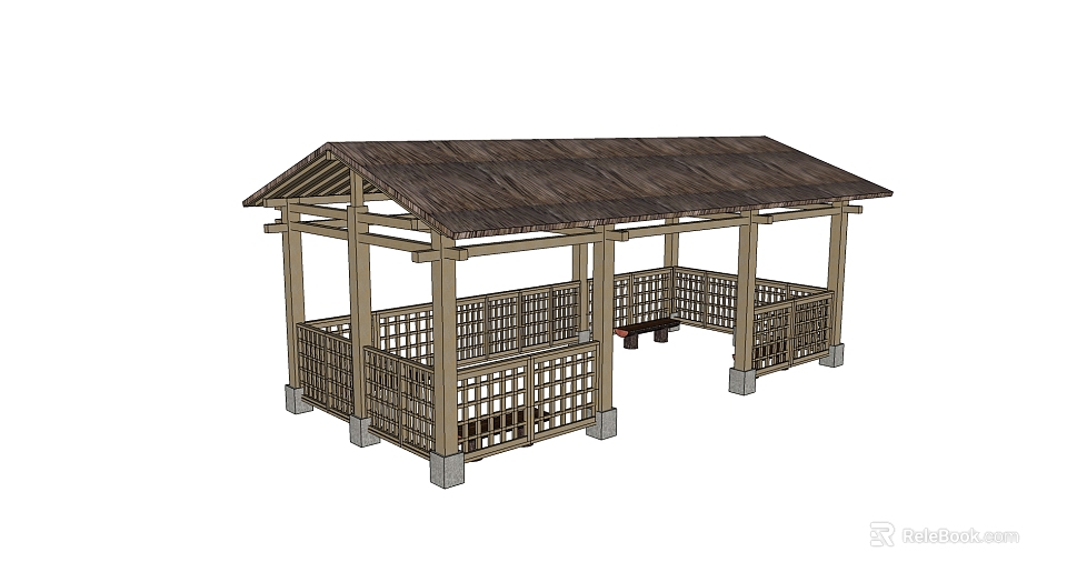 Wooden Pavilion Structure With Thatched Roof Enclosed Railings And Supporting Columns 3d model 