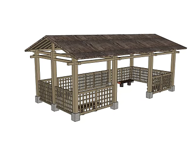 Wooden Pavilion Structure With Thatched Roof Enclosed Railings And Supporting Columns 3d model