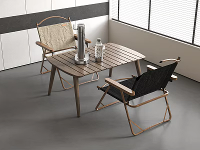 Slatted Wooden Dining Table With Armchairs Water Bottle And Thermos In Modern Room 3d model
