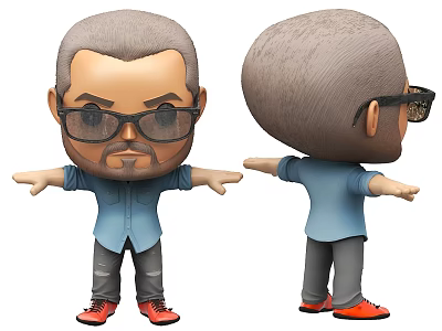 Cartoon Man Figure With Front And Back Views Blue Shirt Gray Pants Red Shoes Glasses 3d model