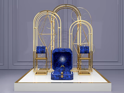 Luxurious Gold Metal Frame Display With Blue Decorative Centerpiece On White Stand 3d model