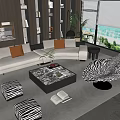 Modern Living Room With Beige L-shaped Sofa Red Cushions Zebra-patterned Chair Black Marble Coffee Table