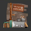 Japanese Ramen Shop Interior With Wooden Counter Seasoning Bottles Bowls Ramen Sign And Kitchen Utensils