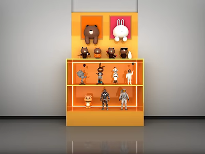 Layered Display Shelf Decorative Ornament Set With Bear Rabbit Figurines Orange Brown White Black 3d model