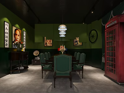 Vintage Interior With Green Walls Chandelier Long Table Green Chairs And Red Telephone Booth 3d model