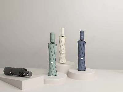 Stylish Foldable Umbrellas In Various Colors On White Display Stands 3d model