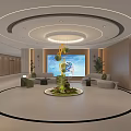Modern Restaurant Interior Featuring Circular Layout Central Green Decoration Sofa Seats And Large Screen 3d model