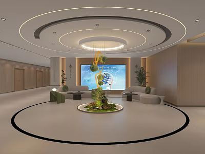 Modern Restaurant Interior Featuring Circular Layout Central Green Decoration Sofa Seats And Large Screen 3d model