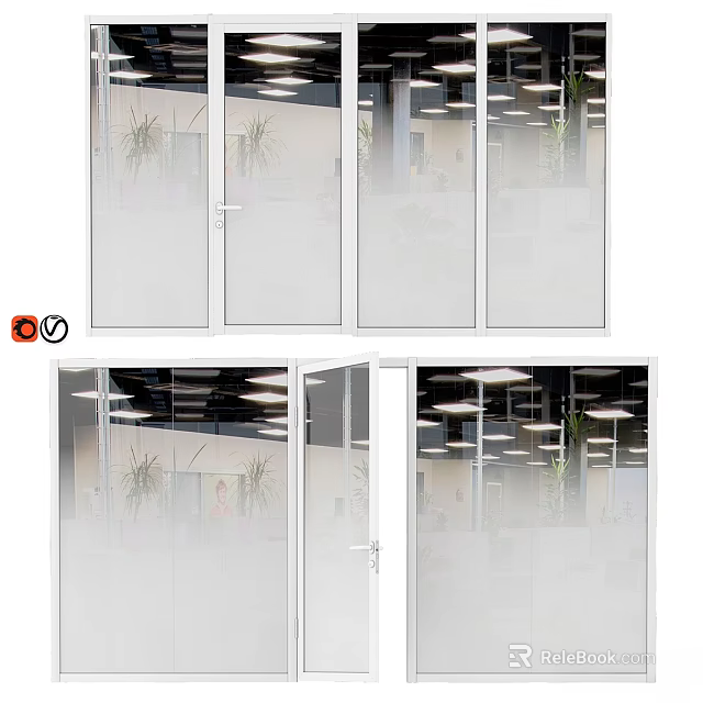 Modern Office Glass Doors With Transparent Panels White Frames And Ceiling Lights 3d model 