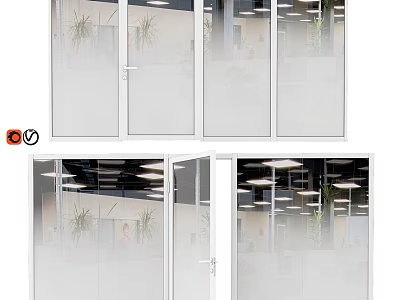 Modern Office Glass Doors With Transparent Panels White Frames And Ceiling Lights 3d model