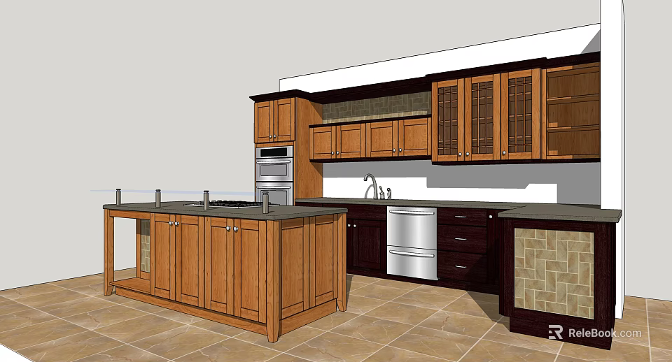 Modern Kitchen Interior With Wooden Cabinets Island Countertop And Appliances 3d model 