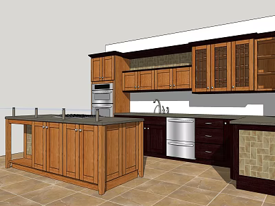 Modern Kitchen Interior With Wooden Cabinets Island Countertop And Appliances 3d model