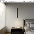 Modern Black Elongated Pendant Light In Bedroom With Bedside Table And Blinds