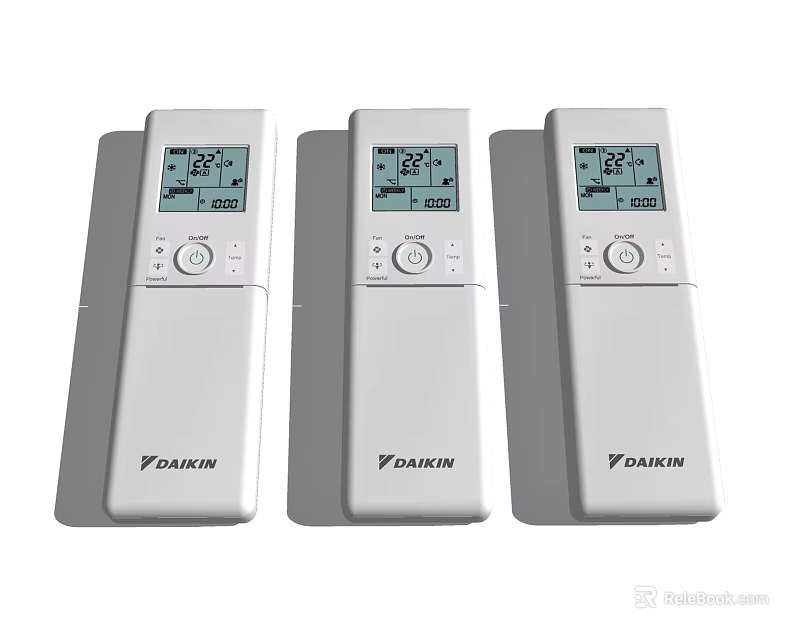 Three White Daikin Remote Controls With Digital Display And Temperature Control 3d model 