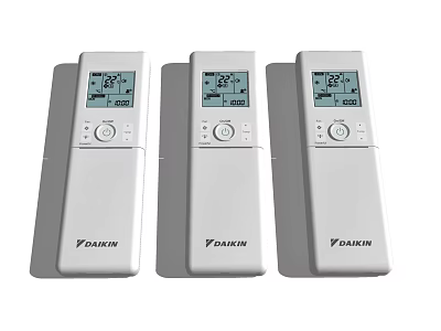 Three White Daikin Remote Controls With Digital Display And Temperature Control 3d model