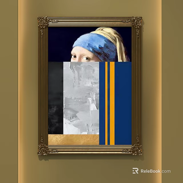 Classic Oil Painting Girl with Pearl Earring in Ornate Golden Frame with Blue Yellow Stripes 3d model 