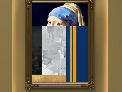 Classic Oil Painting Girl with Pearl Earring in Ornate Golden Frame with Blue Yellow Stripes 3d model