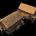 Two Traditional Wooden Houses With Thatch Roof And Rustic Design Elements