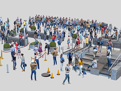 Crowd of People Moving In Outdoor Public Space With Stairs Traffic Cones And Green Plants 3d model