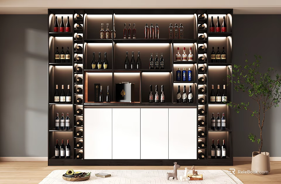 Modern Black and White Wine Cabinet with Lighting and Multiple Shelves Displaying Wine Bottles 3d model 