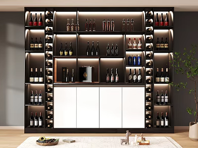 Modern Black and White Wine Cabinet with Lighting and Multiple Shelves Displaying Wine Bottles 3d model