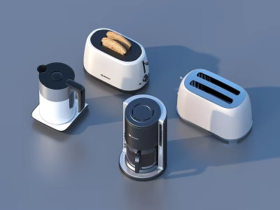 Modern Stylish Kitchen Appliances Including Toaster Coffee Maker And Electric Kettle 3d model