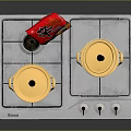 Stainless Steel Double Burner Gas Stove with Golden Pots and Open Lid