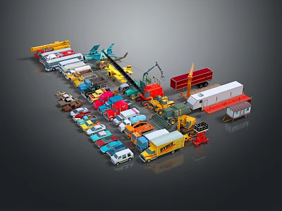 Various Types Of Colorful Vehicles Including Trucks Cars And Construction Equipment Collection 3d model