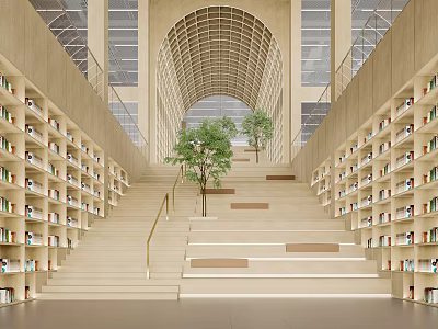 Elegant Book Art Library Interior With Staircase Bookshelves And Green Trees 3d model