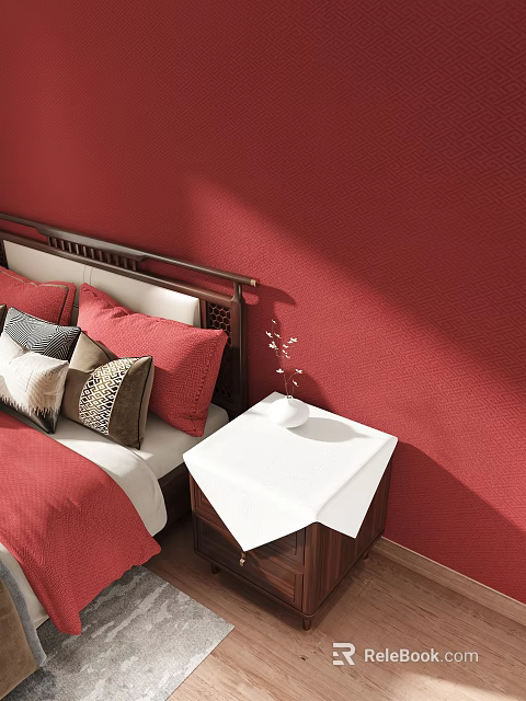 White Bedside Table with Colorful Pillows on Bed and Red Textured Wall 3d model