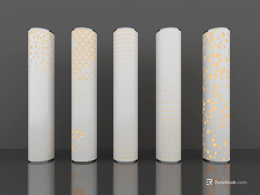 White Decorative Columns Featuring Various Perforated Patterns And Lighting Effects 3d model 