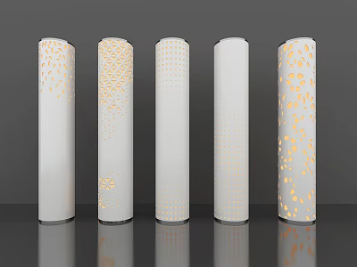 White Decorative Columns Featuring Various Perforated Patterns And Lighting Effects 3d model