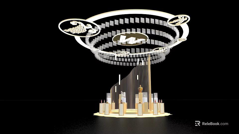 Modern Circular Art Installation With Grid Pattern And Vertical Illuminated Structures 3d model