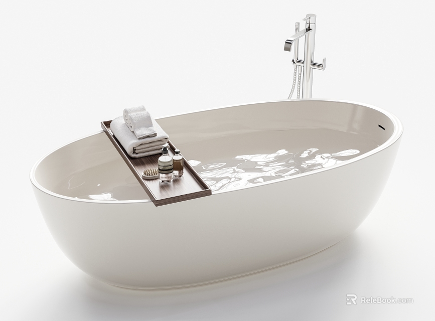 White Oval Bathtub With Tray Holding Towels And Toiletries In Water 3d model 