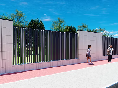 Modern Outdoor Landscape Wall With Vertical Slats Green Trees And Red Walkway 3d model