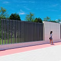Modern Outdoor Landscape Wall With Vertical Slats Green Trees And Red Walkway