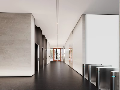 Modern Elevator Hallway Interior With Polished Black Flooring And Concrete Walls 3d model