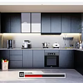 Modern Black Kitchen Interior Design With Backlit Backsplash Countertop Cabinets And Appliances 3d model