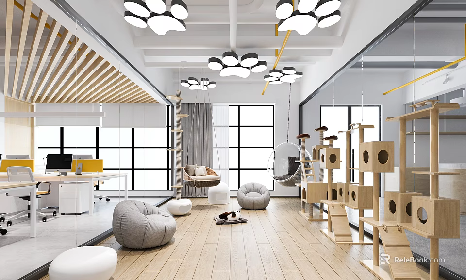 Modern Lounge Area With Bean Bags Cat Tree And Large Windows 3d model 