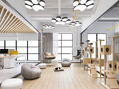 Modern Lounge Area With Bean Bags Cat Tree And Large Windows 3d model